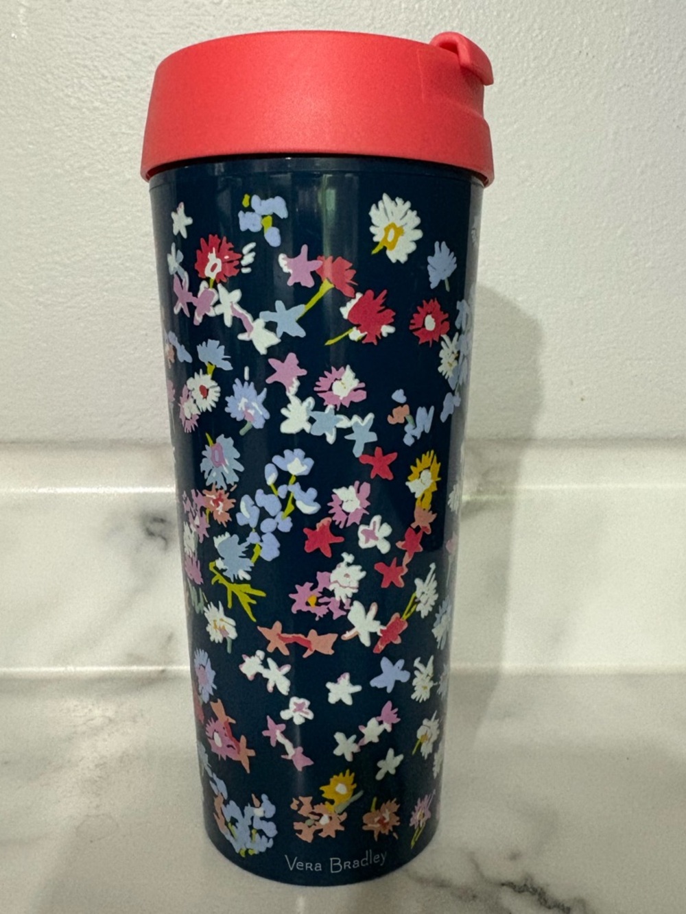 Vera Bradley 16 oz. Navy Floral Travel Tumbler with Coral Lid